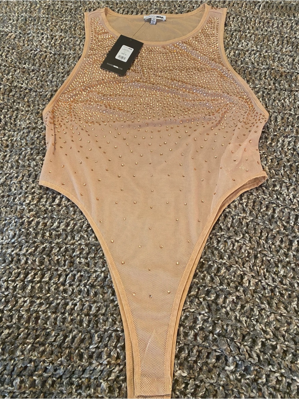 Fashion Nova Nude Mesh Studded Bodysuit